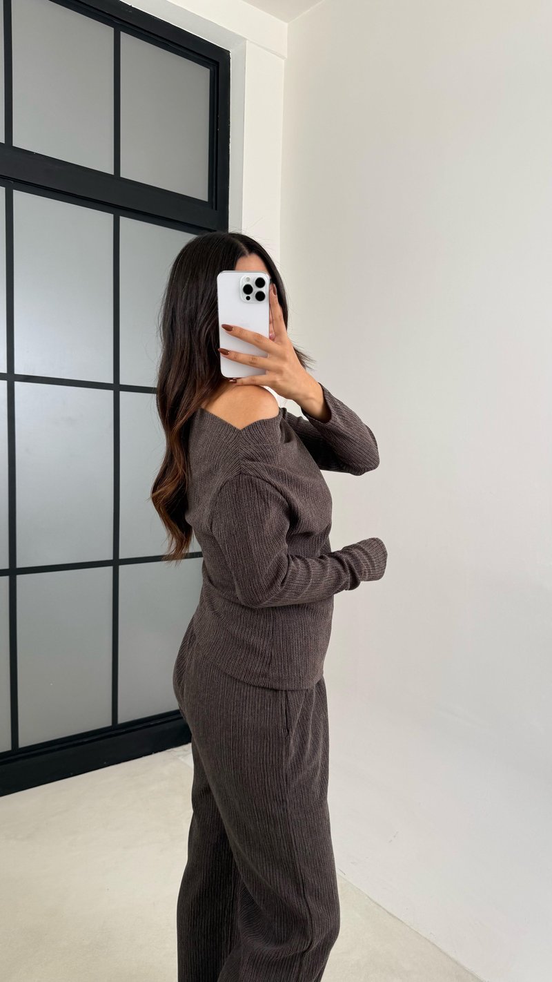 Vizon Asimetrik Yaka Bluz Beli Lastikli Pantolon İkili Gofre Kumaş Takım GAUS-00170