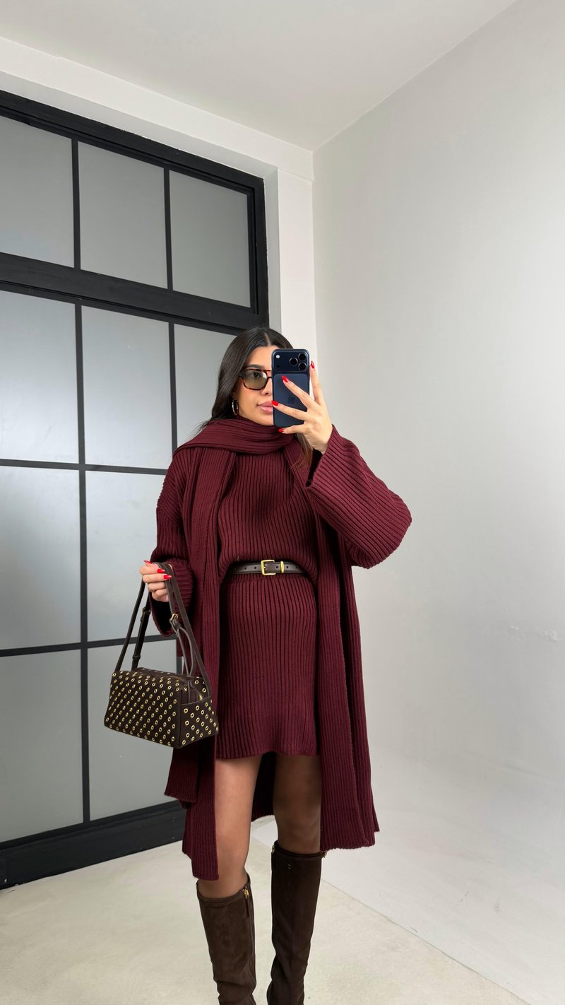 Bordo Şal Detaylı Hırka Kazak Beli Lastikli Etek Triko Takım GAUS-01039
