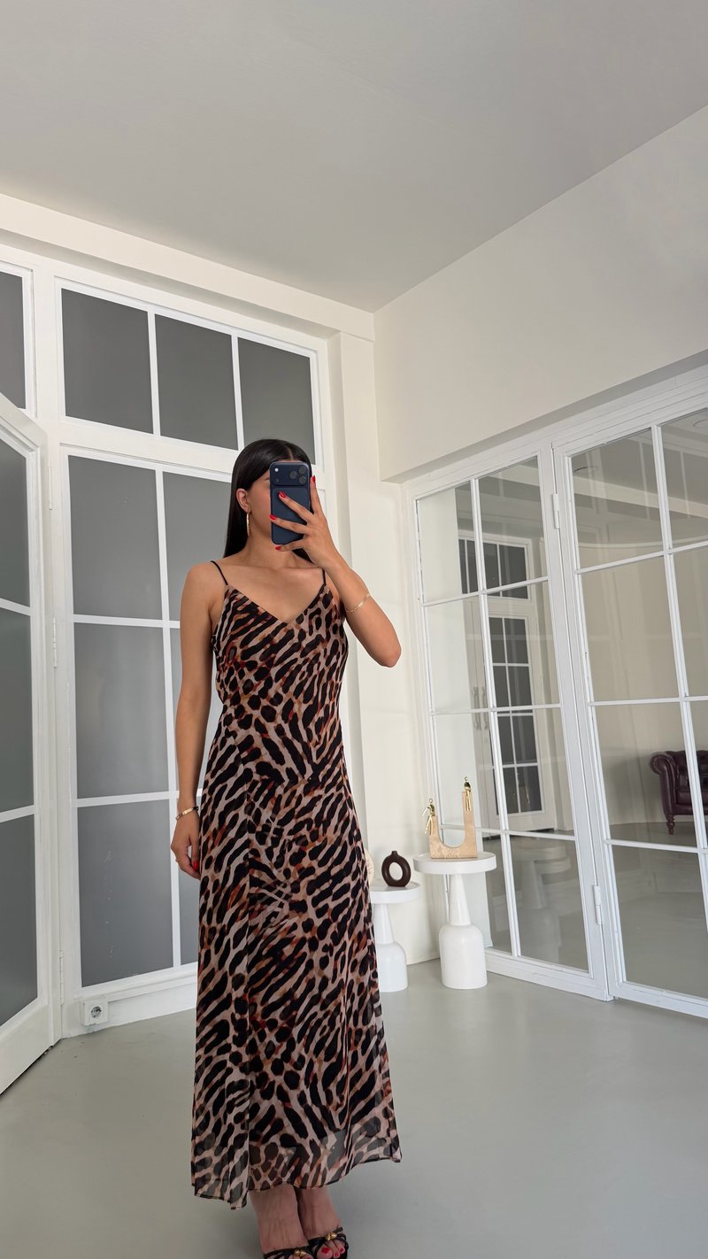 Leopar Desenli Sırt Dekolteli Astarlı Elbise GAUS-01814