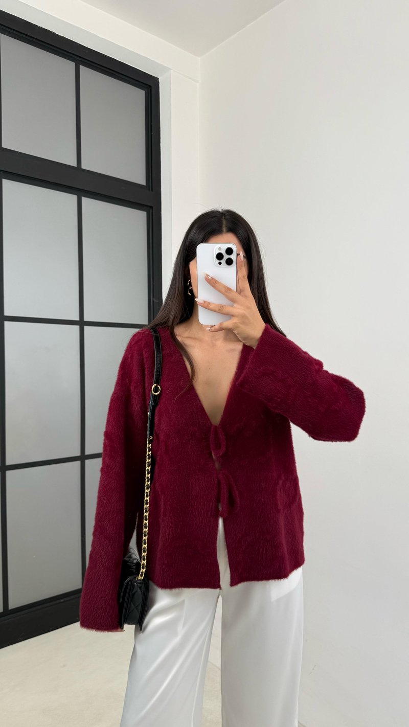 Bordo Önü Bağlamalı Premium Sakallı Hırka GAUS-0092