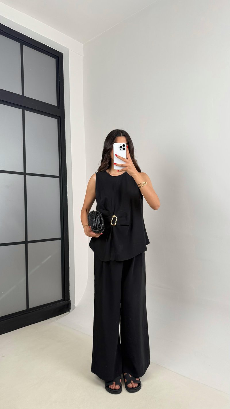 Siyah Gold Detaylı Bluz Balon Pantolon İkili Tencel Takım Gaus00510