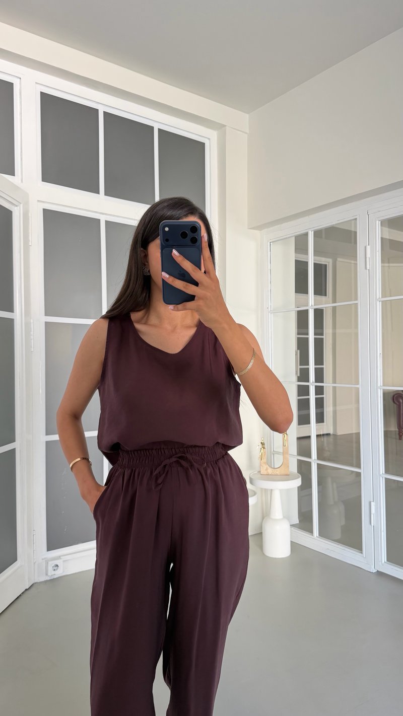 Mürdüm Bluz Beli Lastikli Pantolon İkili Tencel Takım GAUS-01769