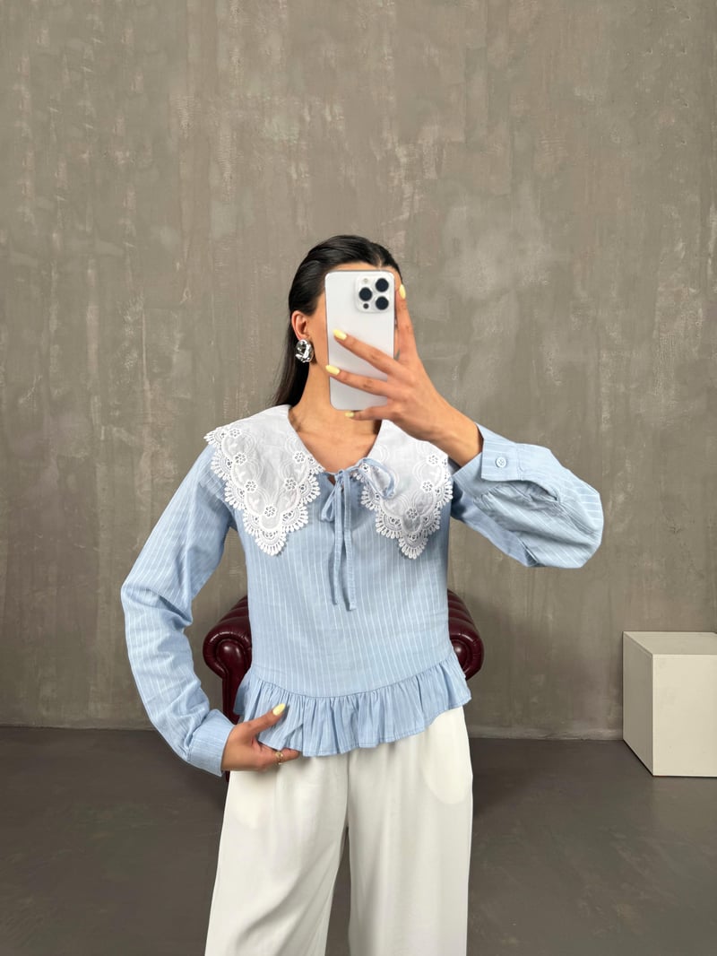 Mavi Yaka Fisto İşlemeli Pinterest Gömlek Gaus00108