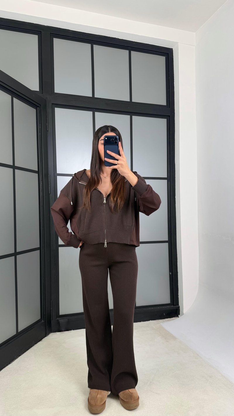 Acı Kahve Kapüşonlu Hırka Beli Lastikli Pantolon İkili Triko Takım GAUS-01184