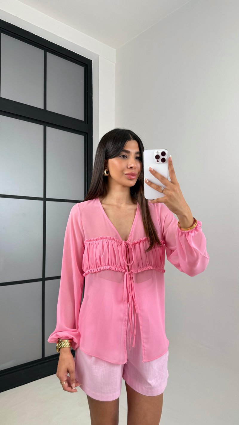 Pembe Önü Bağlamalı Transparan Gömlek Keten Şort Takım Gaus00615