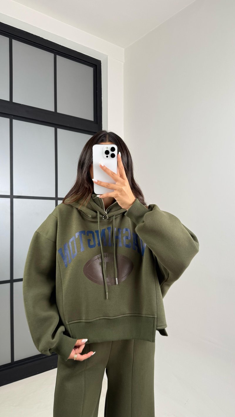 Haki Kapüşonlu Sweatshirt Beli Lastikli Pantolon 3 İplik Şardonlu Takım GAUS-00530
