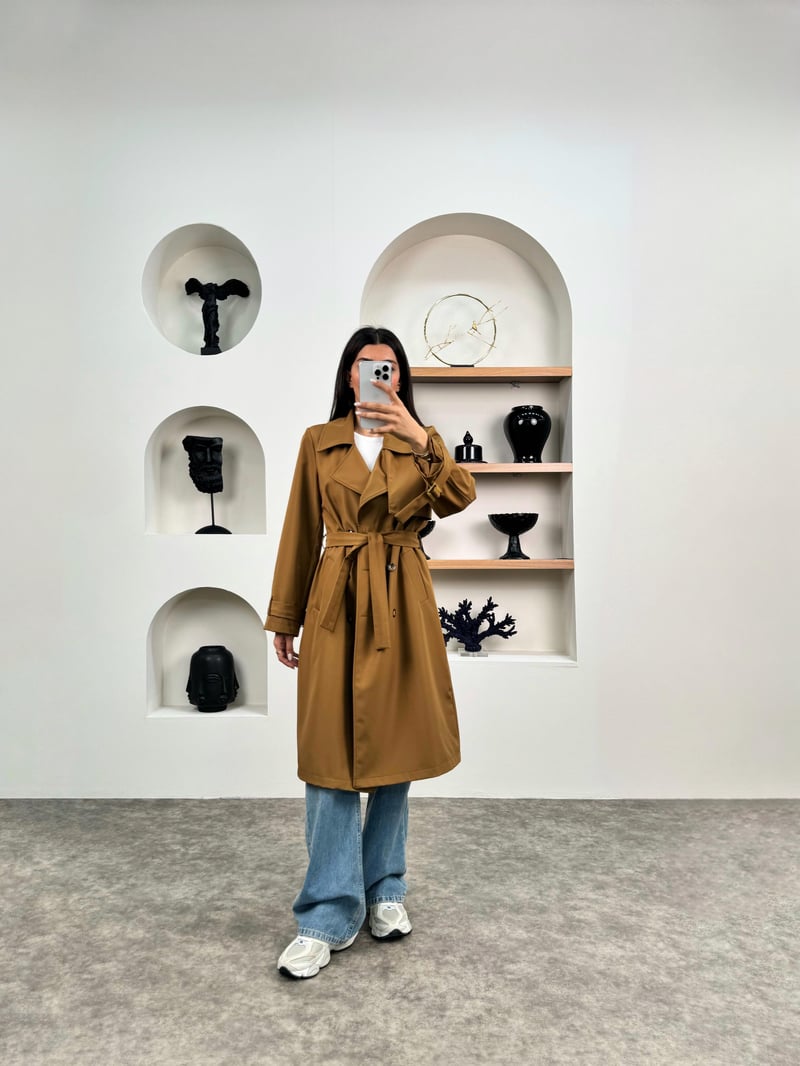 Hana Kahve Premium Kemerli Astarlı Muadil Trençkot