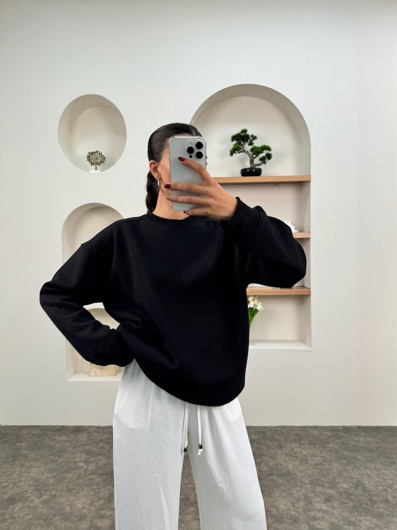 Meksa Siyah Bisiklet Yaka Şardonlu Sweatshirt