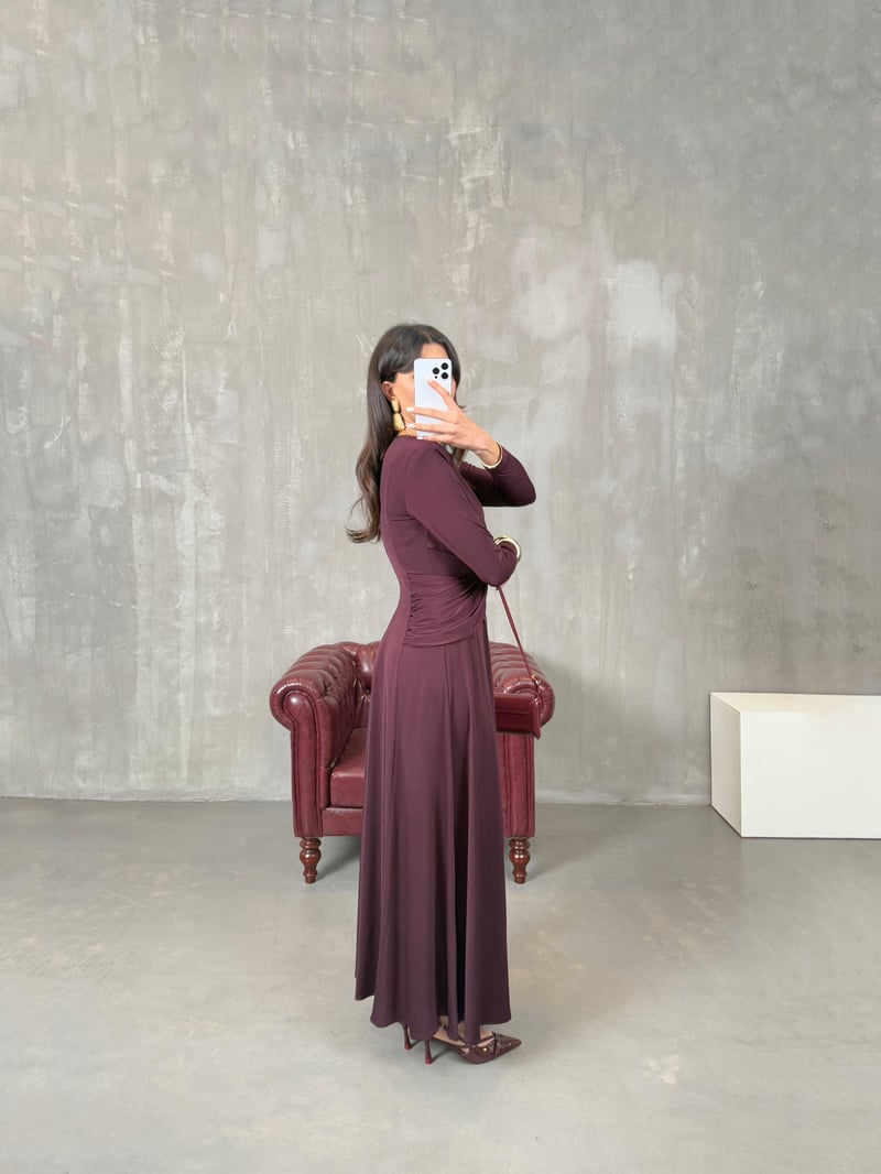 Daisy Mürdüm Önden Drape Detaylı Vatkalı Maxi Elbise