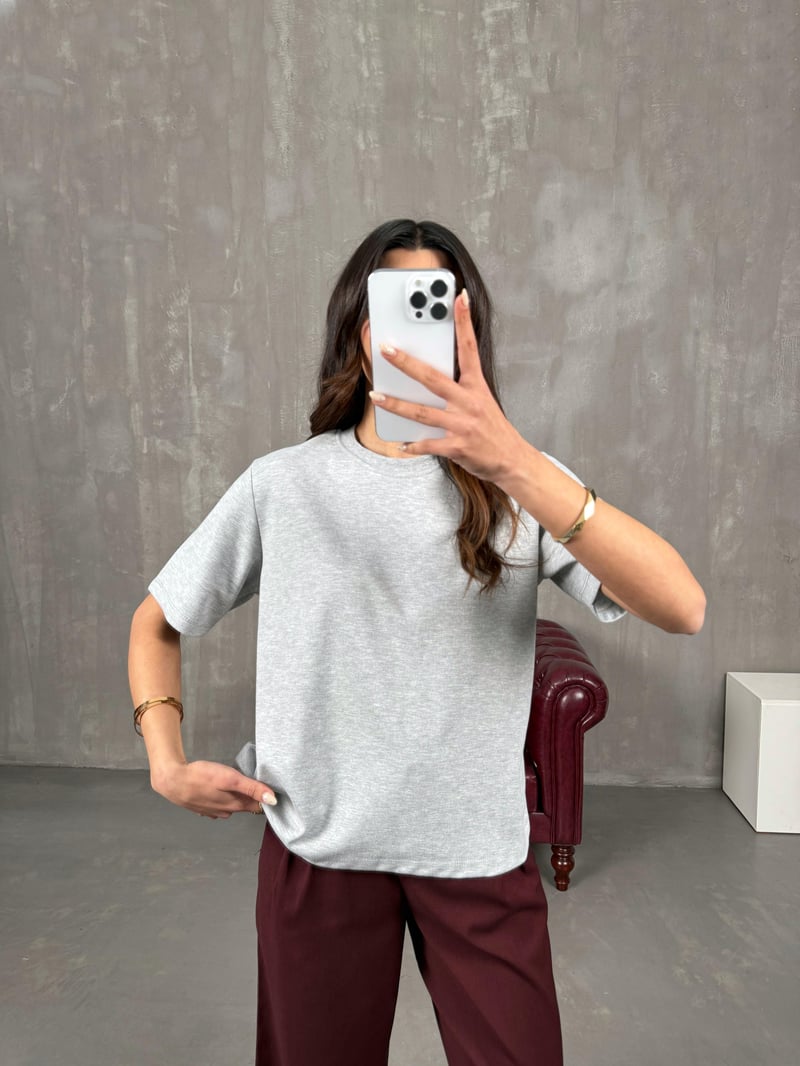Nivon Gri Pamuklu Bisiklet Yaka Basic Tshirt