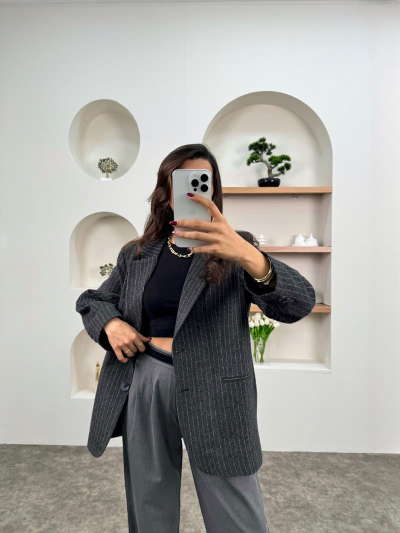 Melins Antrasit Çizgili Astarlı Sakallı Blazer Ceket