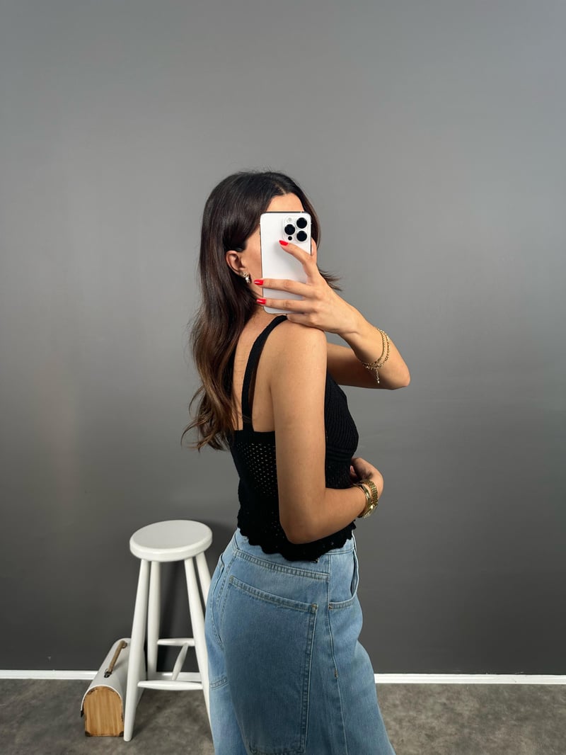 ZR Model Siyah Askılı Triko Örme Crop