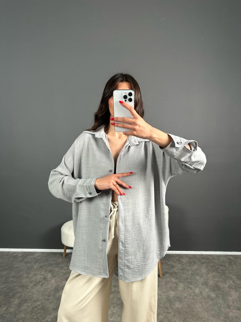 Daria Gri Keten Oversize Gömlek