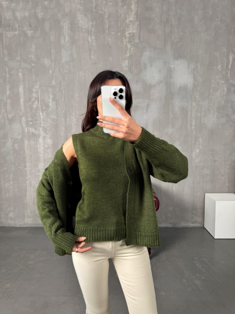 Jenny Haki Balıkçı Yaka Süveter Hırka İkili Takım