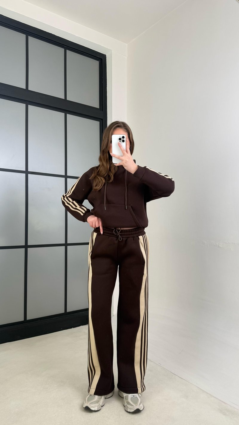 Acı Kahve Şerit Detaylı Sweatshirt Beli Lastikli Eşofman Şardonlu Takım GAUS-01073