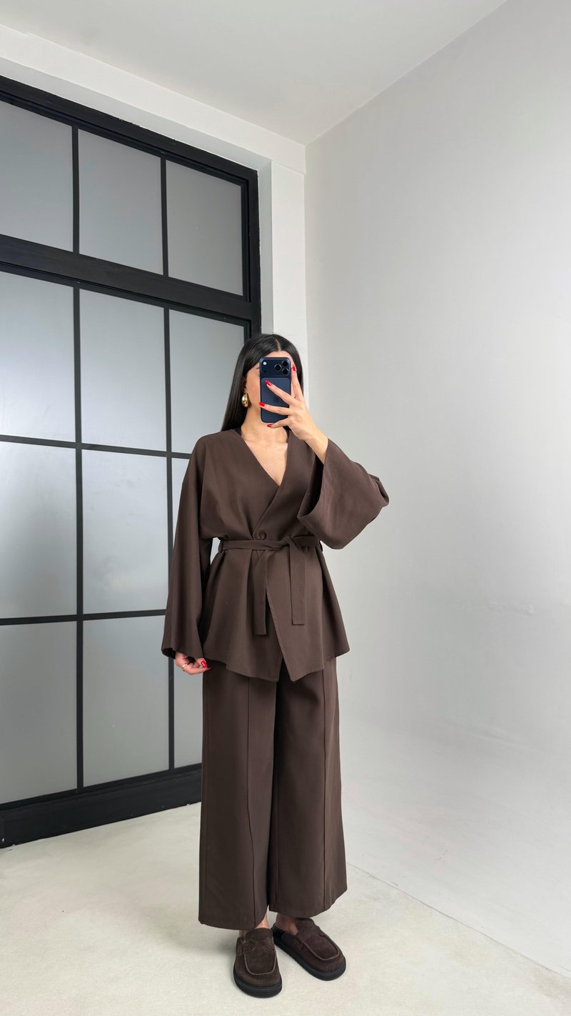 Acı Kahve Tek Düğmeli Kuşaklı Ceket Beli Lastikli Pantolon Modal Takım GAUS-00985