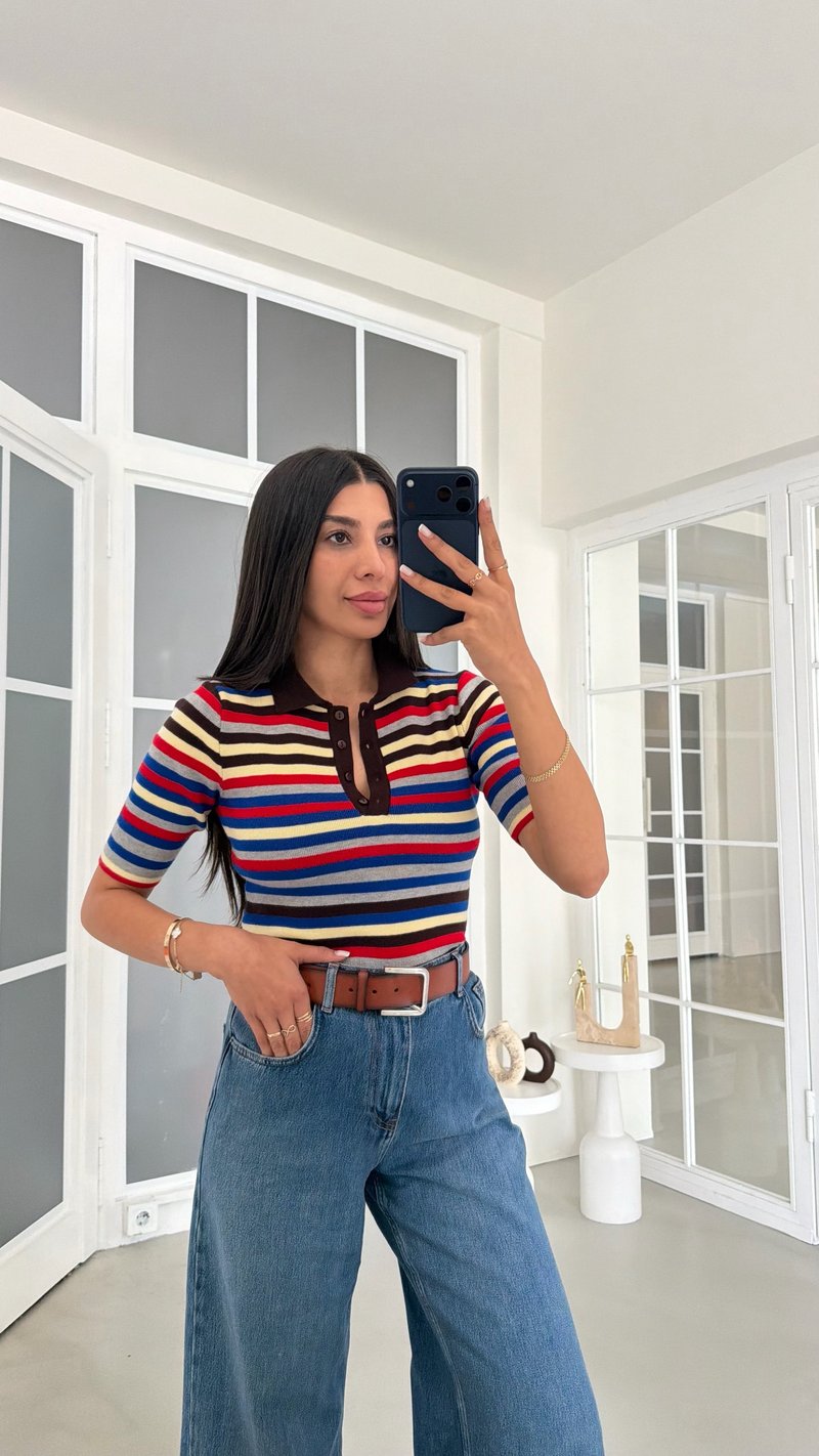 Çok Renkli Polo Yaka Şeritli Triko Kazak GAUS-02183