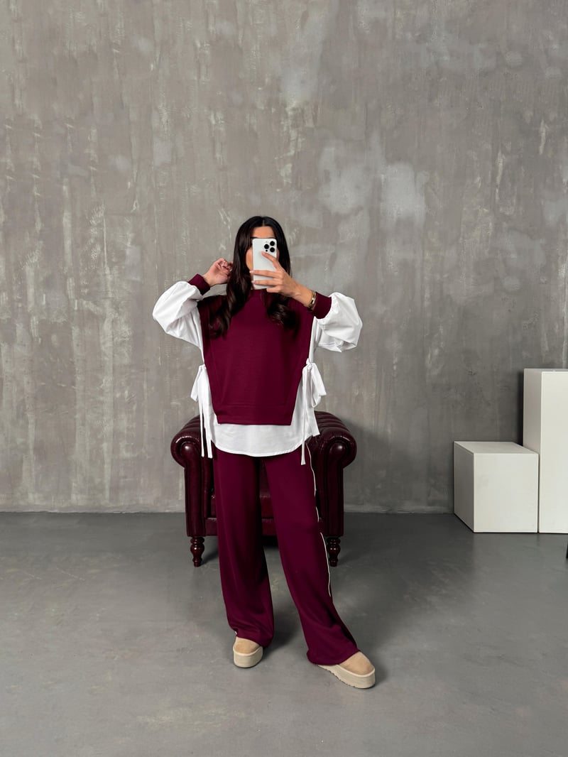 Preme Bordo Gömlek Detaylı Modal Takım