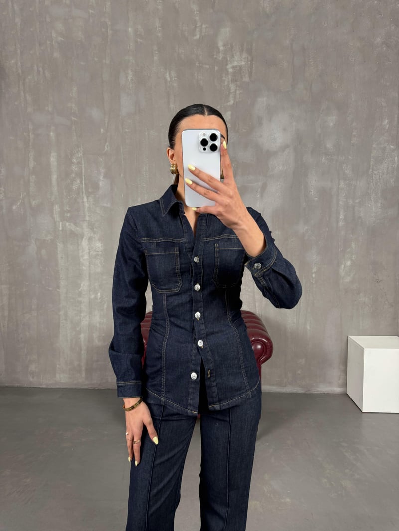Lacivert Belden Oturtmalı Ceket Pantolon Denim Takım Gaus00084