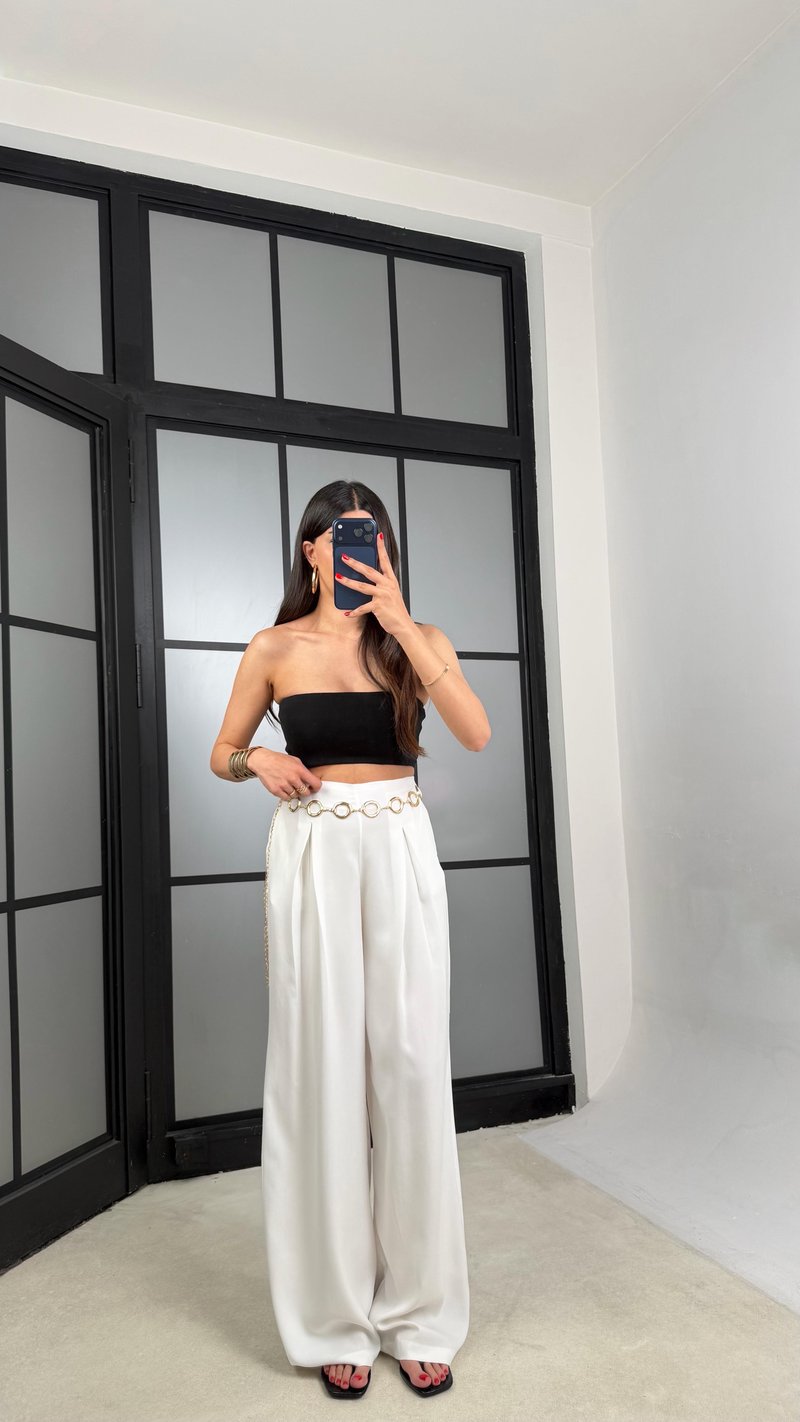 Ekru Gold Zincirli Kemer Muadil Tencel Pantolon GAUS-01556