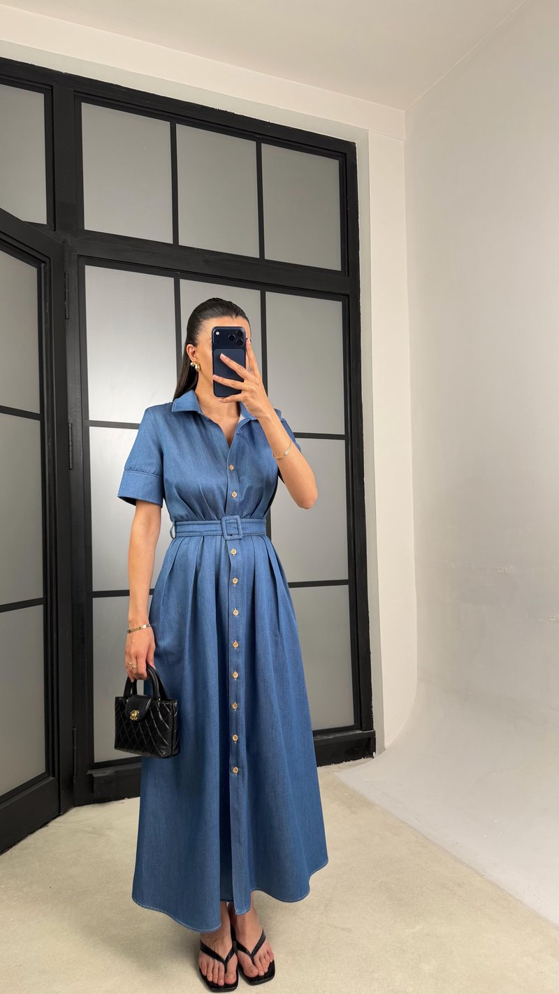 Mavi Kemerli Tencel Denim Premium Elbise GAUS-01452