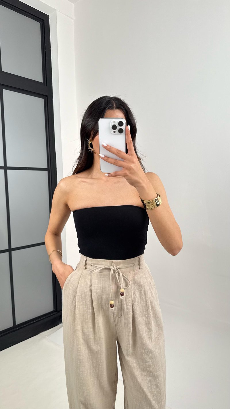 Taş Cepli Kuşaklı Balon Keten Pantolon Gaus00383