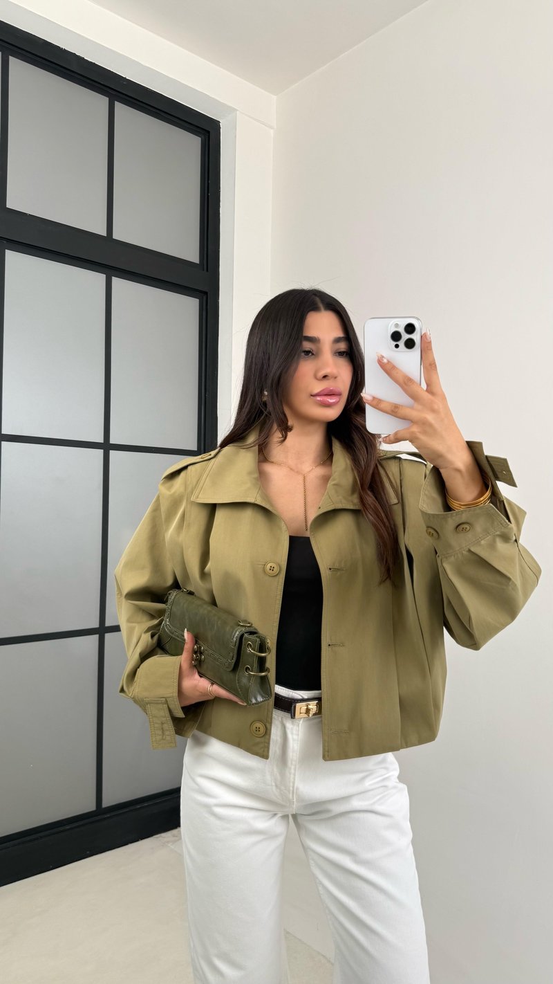 Haki Pile Detaylı Astarlı Kısa Trençkot GAUS-0089