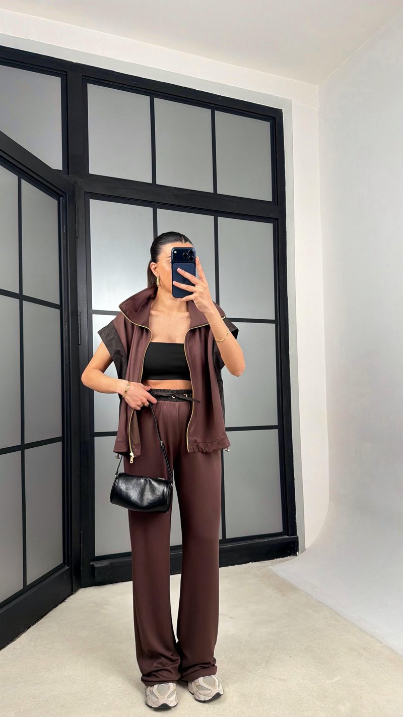 Kahve Paraşüt Kumaş Detaylı Yelek Pantolon İkili Modal Kumaş Takım GAUS-01369