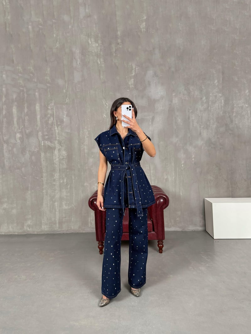 Hespi Lacivert Zımbalı Kuşaklı Yelek Pantolon Denim Takım