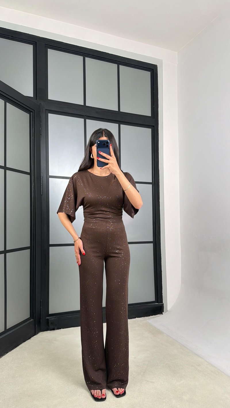 Acı Kahve Simli Bluz Beli Lastikli Pantolon İkili Takım GAUS-01554