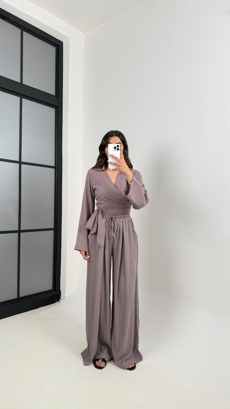 Mürdüm Bağlamalı Üst Beli Lastikli Pantolon Gofre Takım Gaus00389 