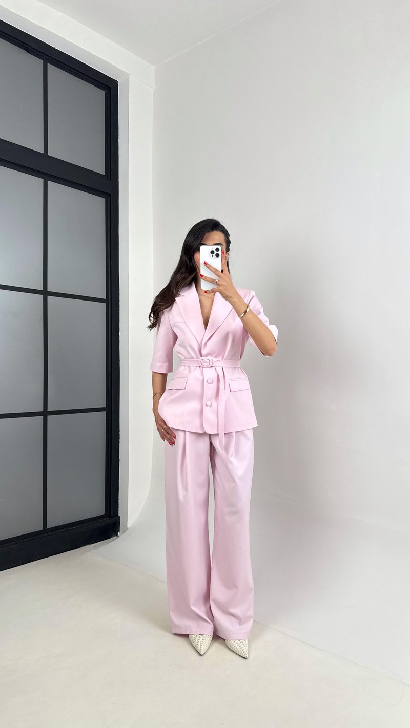 Pembe Yarım Kol Astarlı Vatkalı Kemerli Ceket Pantolon İkili Premium Takım Gaus00453