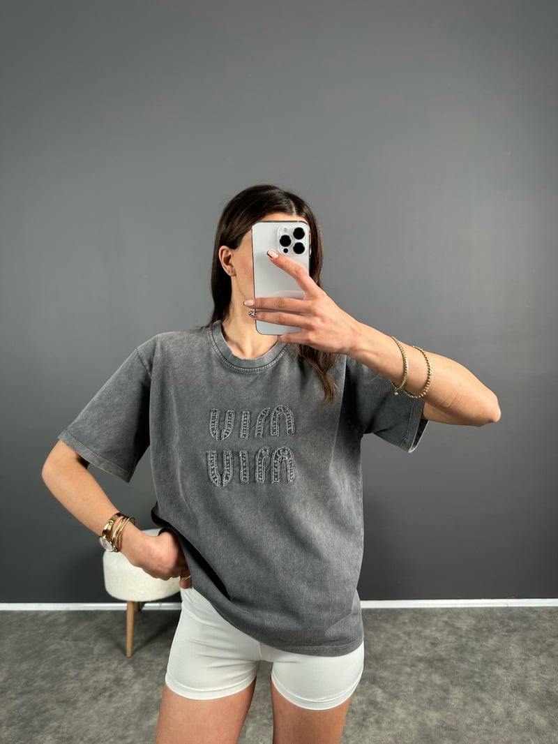 M Baskılı Eskitme Tshirt