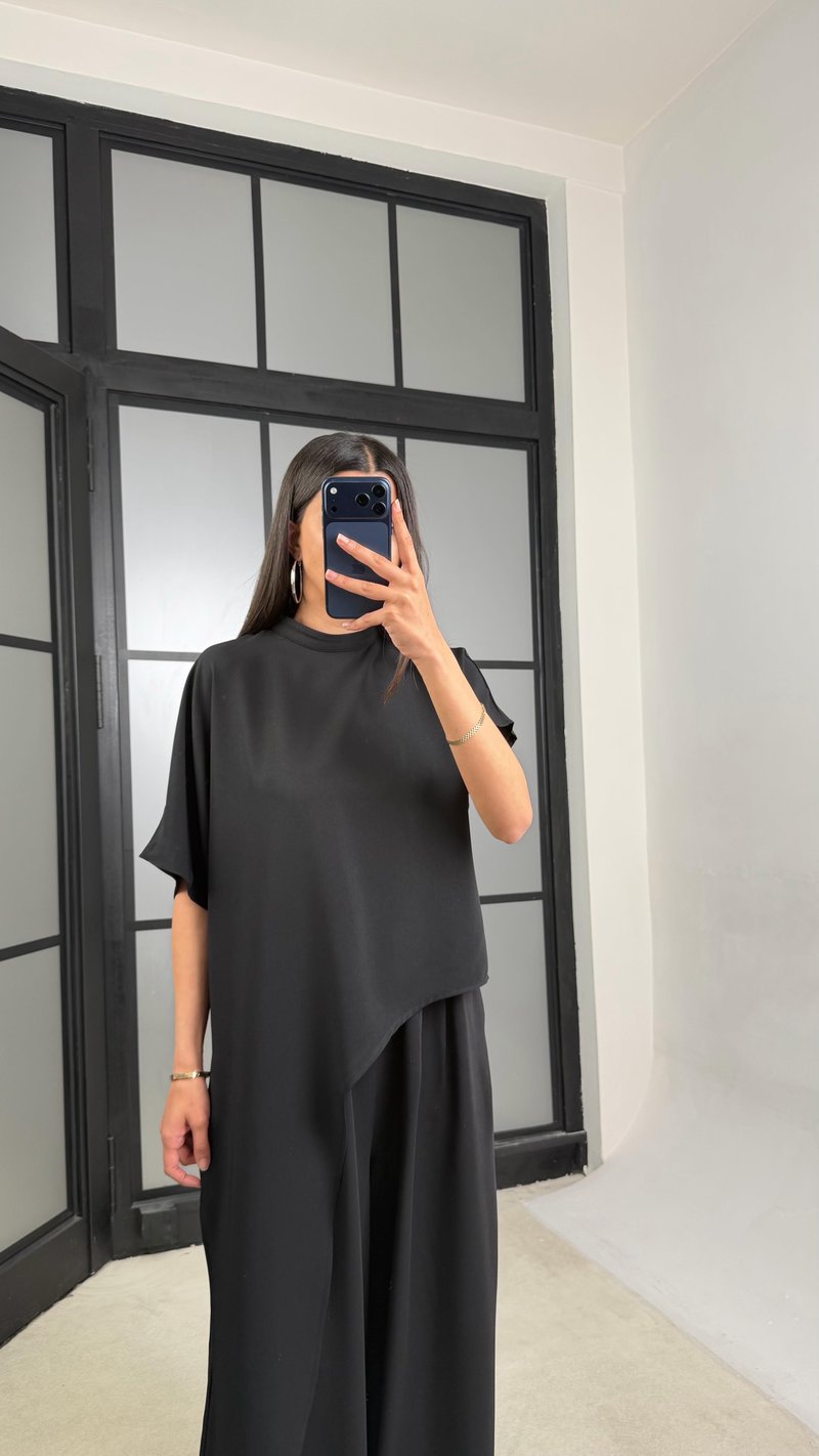 Siyah Asimetrik Bluz Beli Lastikli Pantolon İkili Tasarım Takım GAUS-01490