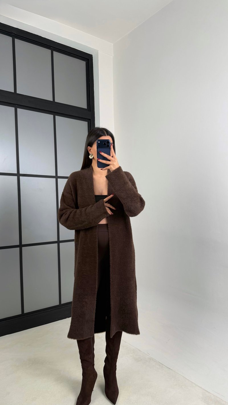 Acı Kahve Peluş Uzun Hırka GAUS-00758