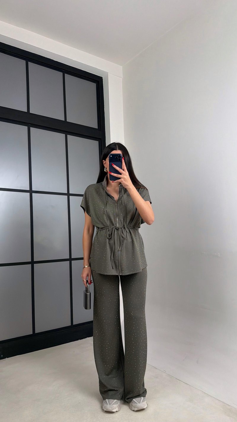 Haki Beli Lastikli Hırka Pantolon Taşlı Modal Takım GAUS-01064