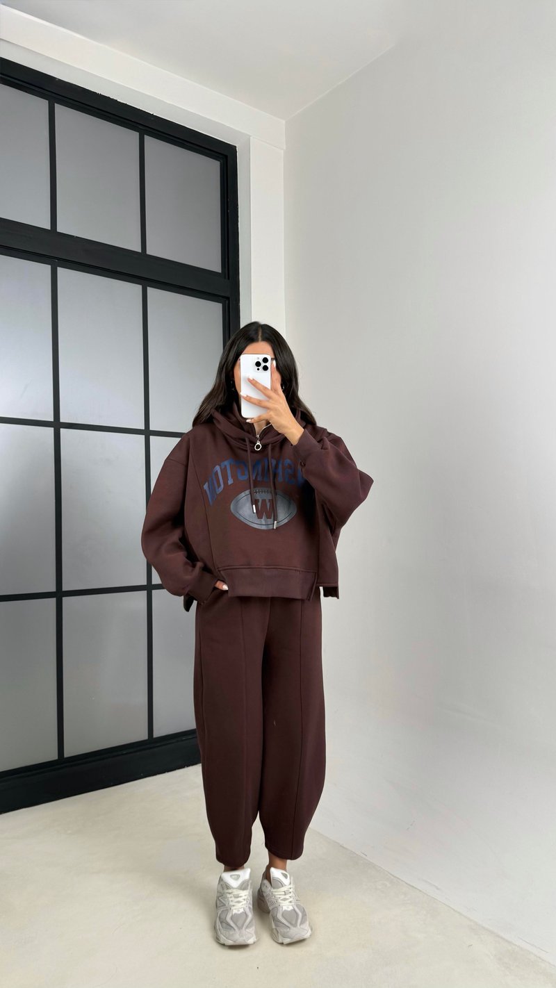 Acı Kahve Kapüşonlu Sweatshirt Beli Lastikli Pantolon 3 İplik Şardonlu Takım GAUS-00530