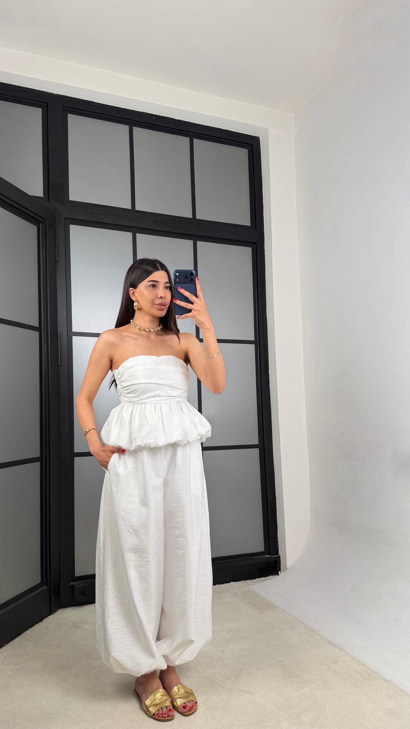Beyaz Balon Bluz Beli Lastikli Şalvar Pantolon İkili Premium Takım GAUS-01569
