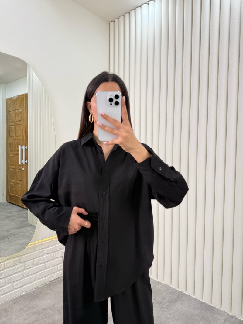 Siyah Gömlek Beli Lastikli Pantolon Premium Tensel Takım TNCL01 Gaus00322