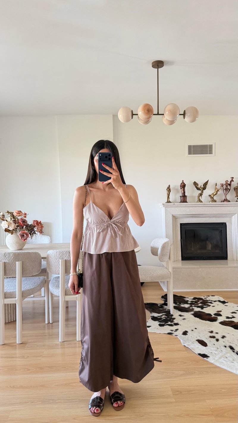Acı Kahve Geniş Paça Bağlamalı Lastikli Pantolon GAUS-01568