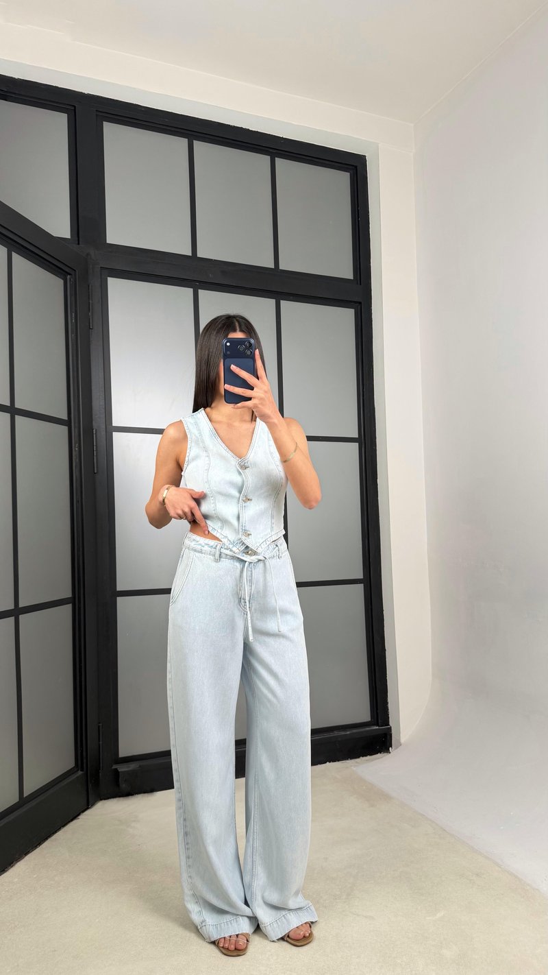 Buz Mavi Yelekli Beli Kuşaklı Pantolon İkili Denim Takım GAUS-01379