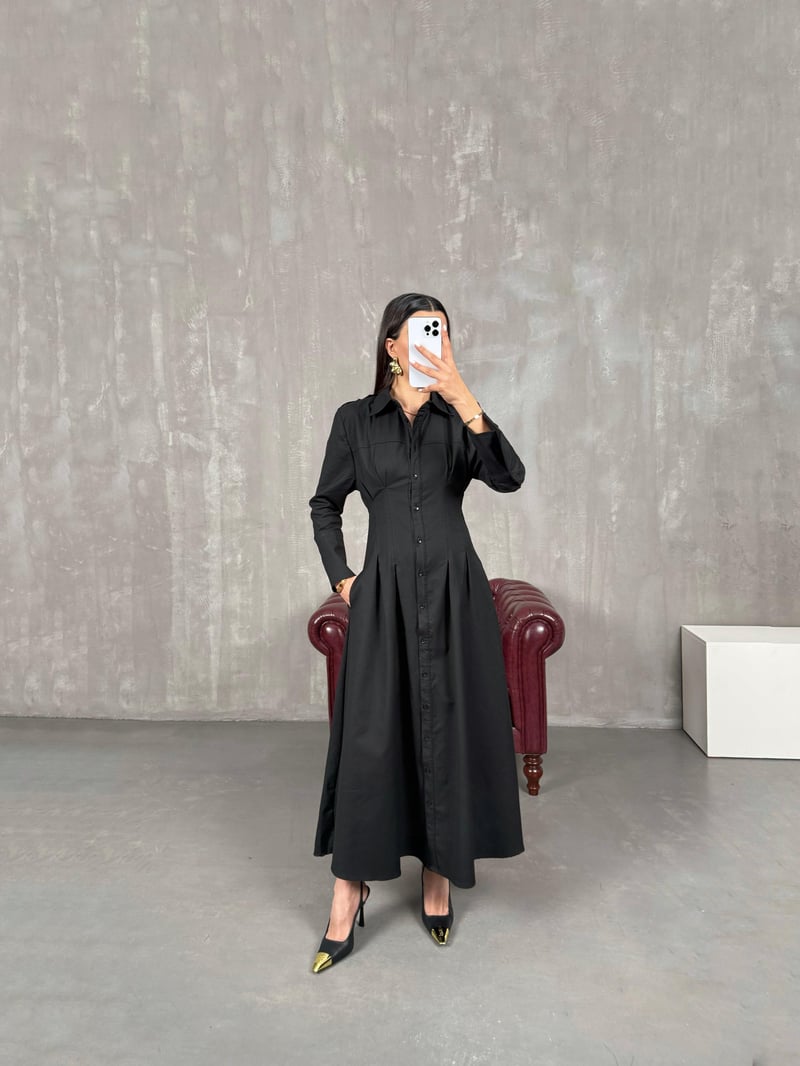 Ritmo Black Front Buttoned Pocket Gabardine Dress