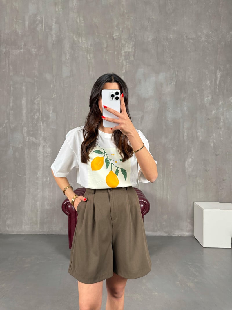 Krem Limon Baskılı Bisiklet Yaka Tshirt Gaus00177