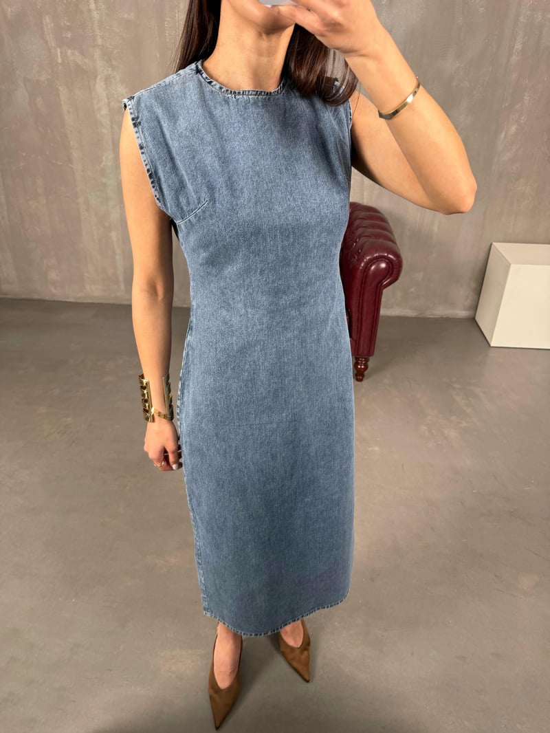 Odin Mavi Sıfır Kol Fermuarlı Yırtmaçlı Denim Elbise