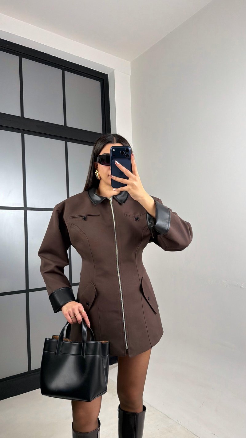 Acı Kahve Deri Yaka Detaylı Astarlı Vatkalı Premium Ceket gaus-01027
