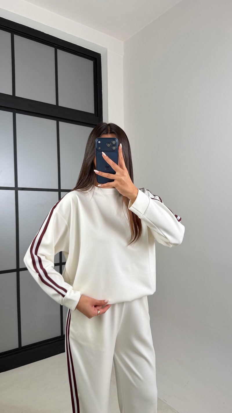 Ekru Şerit Detaylı Sweatshirt Beli Lastikli Eşofman İkili Modal Takım GAUS-00621