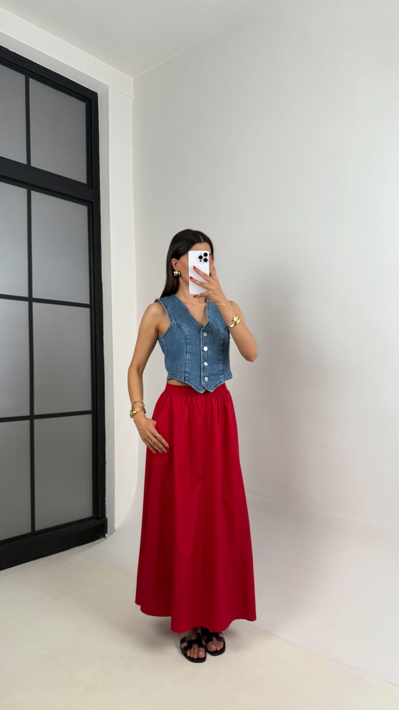 Kırmızı Beli Lastikli Cepli Poplin Etek Gaus00485