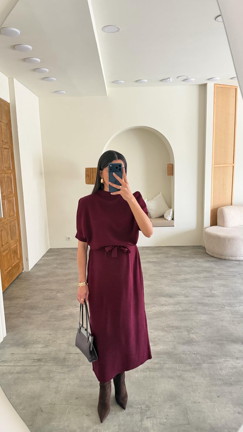 Mürdüm Kuşaklı Triko Midi Elbise GAUS-01169