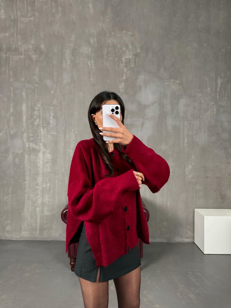 Belovi Bordo ZR Model Yandan Yırtmaç Detaylı Düğmeli Hırka