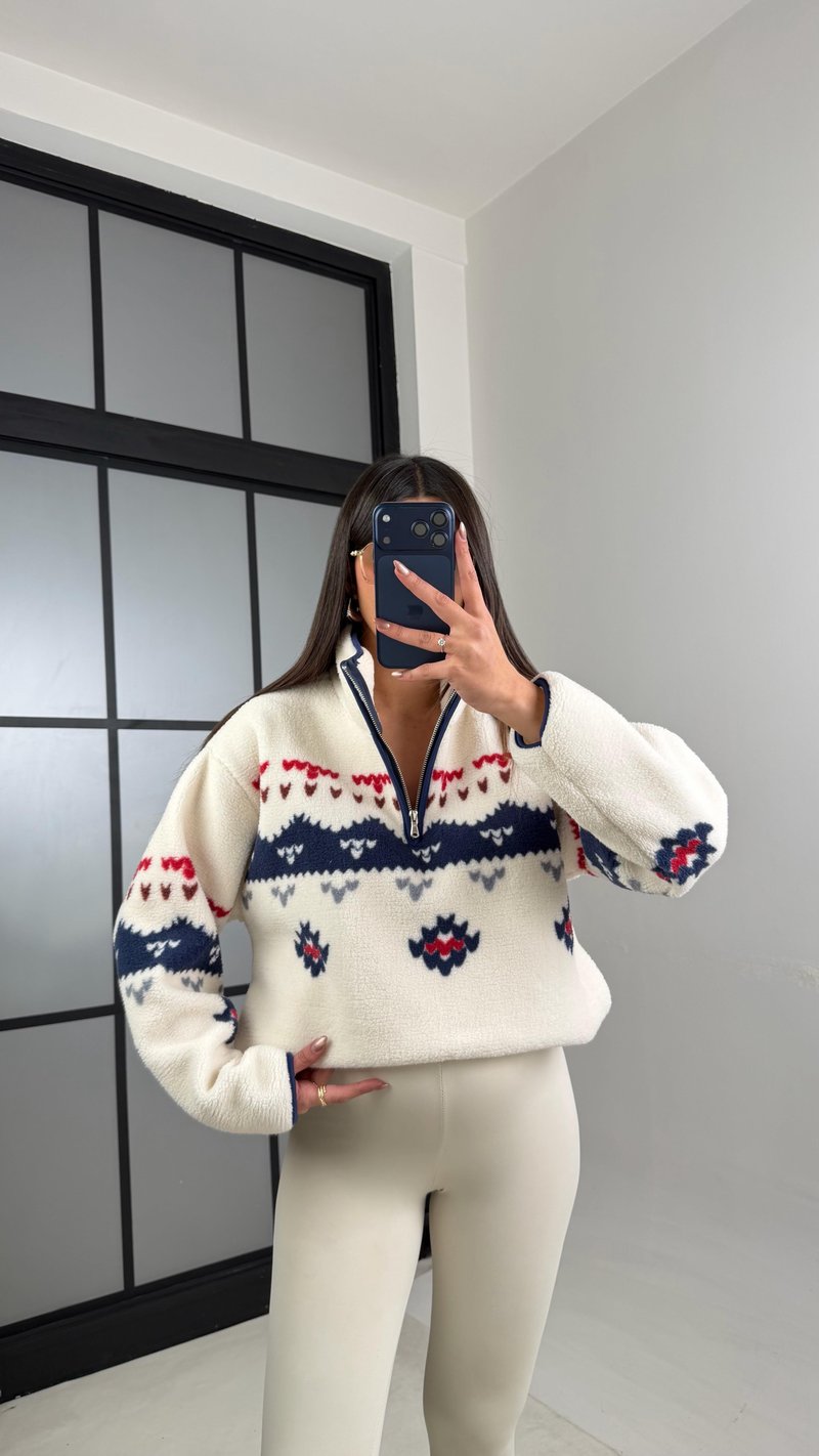 Lacivert Fermuarlı Desenli Polar Sweatshirt GAUS-00723 GAUS-01101
